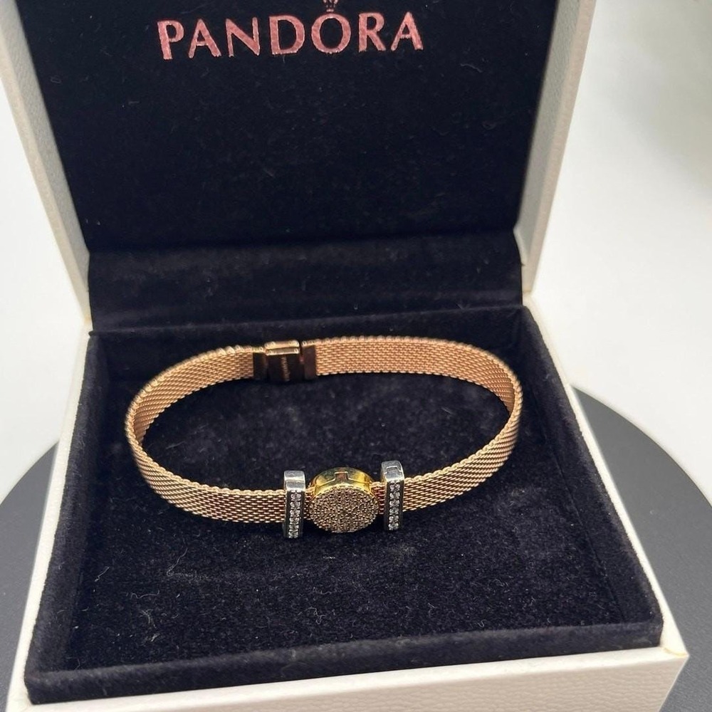 Pandora Reflexions Rose Gold Mesh Bracelet One Bling Charm 2 Pave Clip Charms